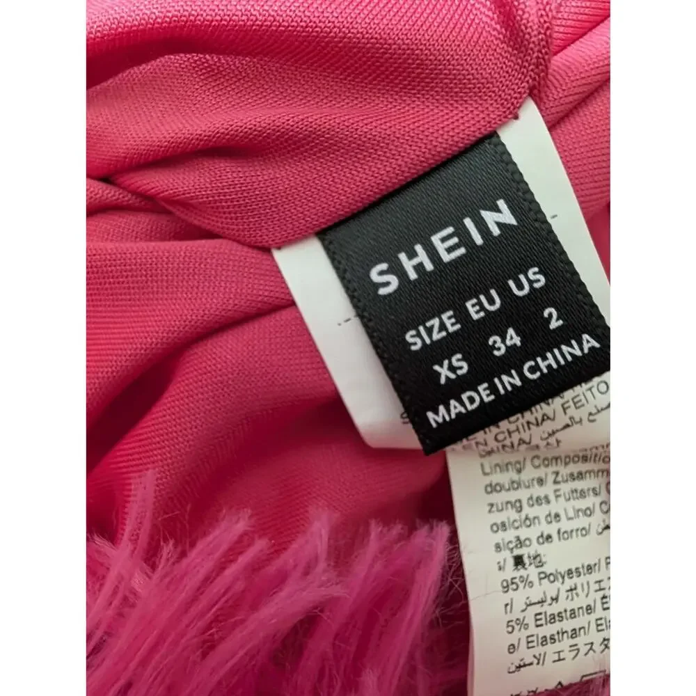 One Shoulder Metallic Feather Hem Cocktail Party Mini Dress Fuchsia Pink Size XS